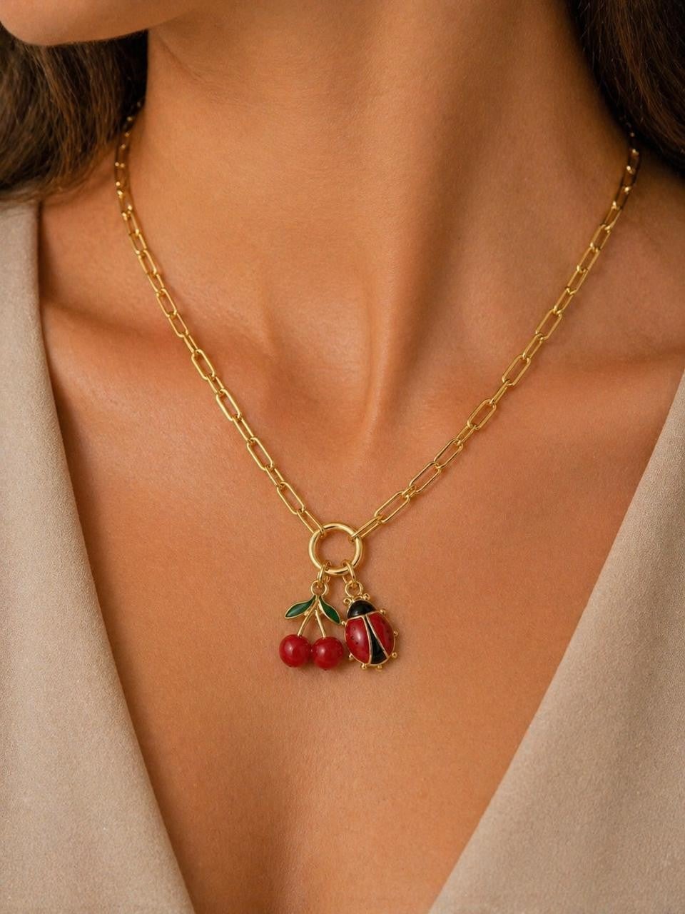 Cherry & Beetle Paperclip Necklace – Gold Plated — original product photo 2