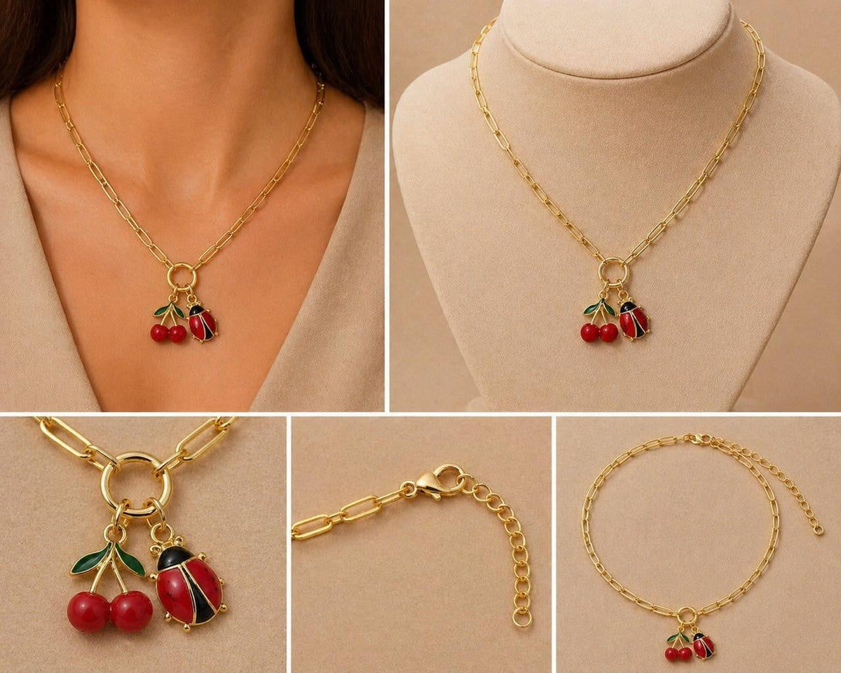 Cherry & Beetle Paperclip Necklace – Gold Plated — original product photo 3