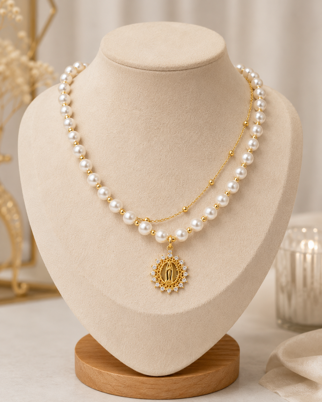 Pearl Virgin Mary Necklace – 15″ – Gold Plated — original product photo 1