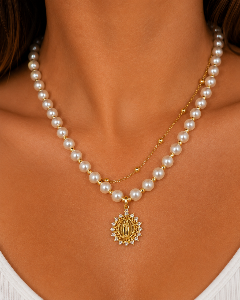 Pearl Virgin Mary Necklace – 15″ – Gold Plated — original product photo 3