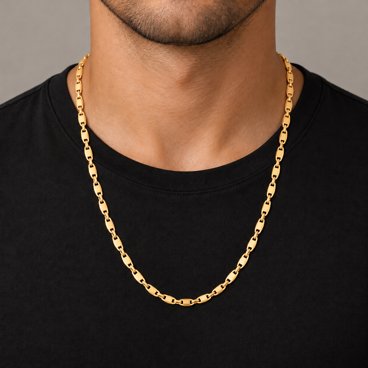 Slim Figaro Chain 22" 18K Gold Filled — Try on · full chain and weave