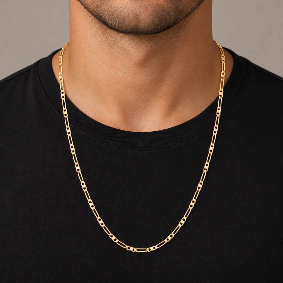 Figaro Chain Necklace 24" 18K Gold Filled — Try on · full chain and weave