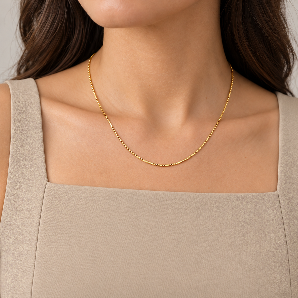 Box Chain Necklace 18K Gold Filled – 17.7” — Try on · champagne outfit