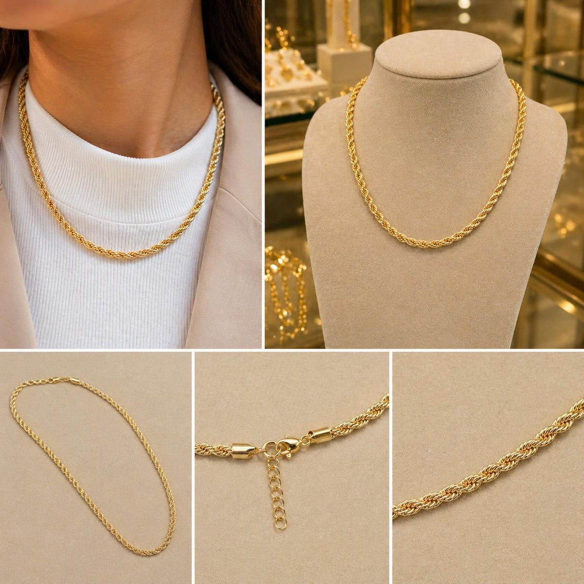 Delicate Twisted Cord Chain Necklace – Gold Plated — original product photo 4