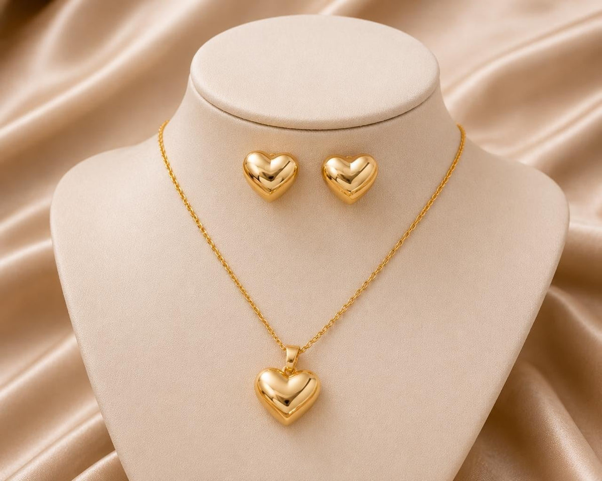 Polished Puffy Heart Jewelry Set – Gold Plated — original product photo 2