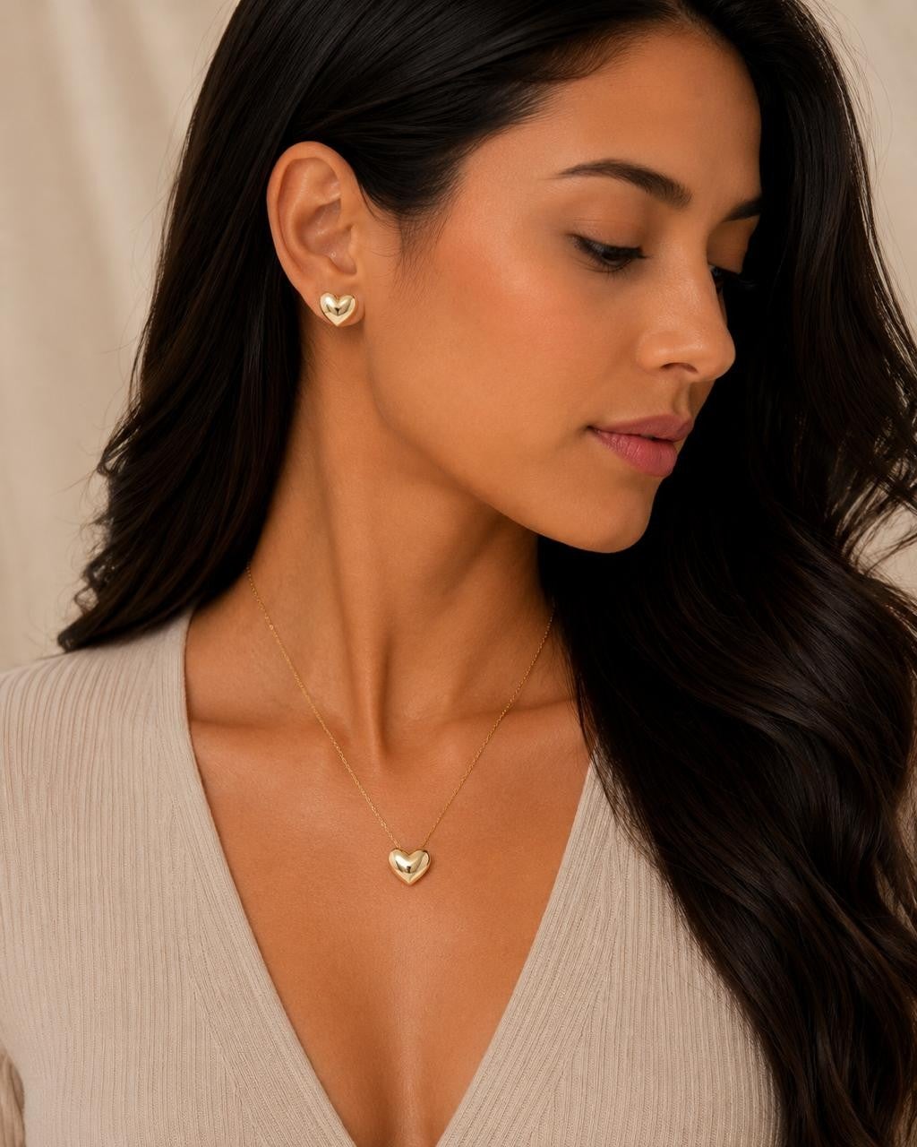 Polished Puffy Heart Jewelry Set – Gold Plated — original product photo 3