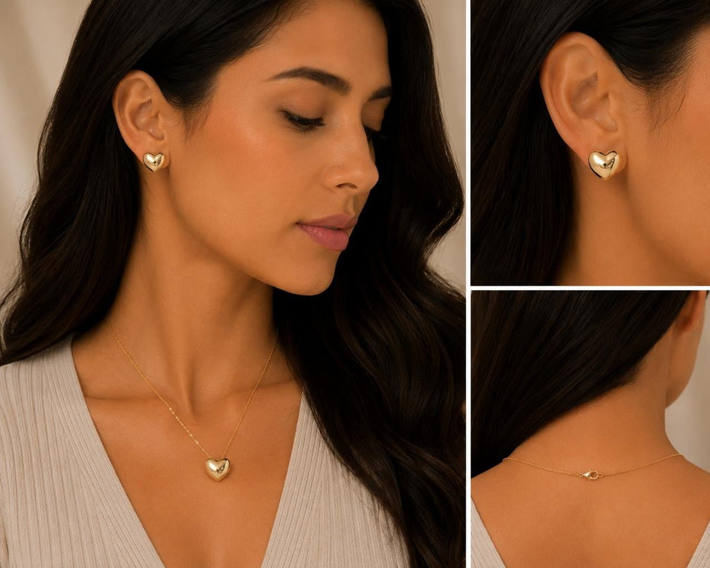 Polished Puffy Heart Jewelry Set – Gold Plated — original product photo 4