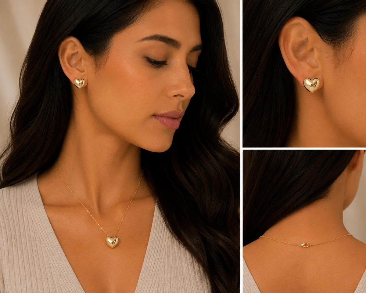 Polished Puffy Heart Jewelry Set – Gold Plated — original product photo 4