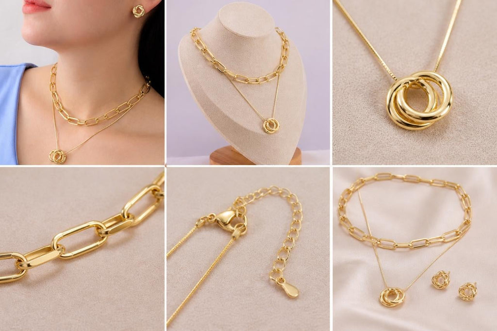 Interlocking Circle Necklace & Earrings Set – Gold Plated — original product photo 5