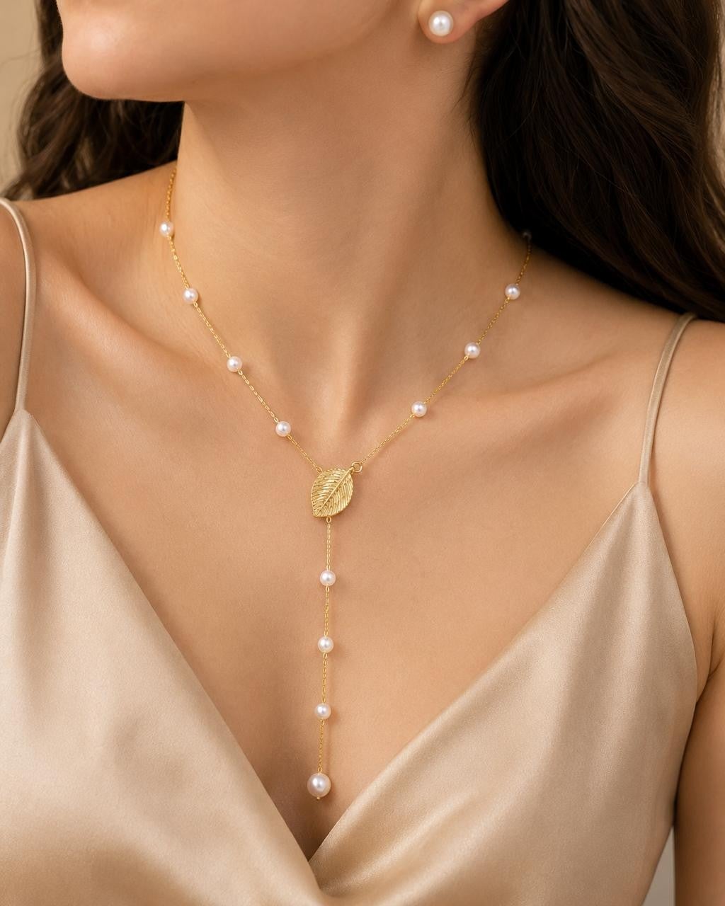 Leaf & Pearl Drop Necklace Set – Gold Plated — original product photo 2