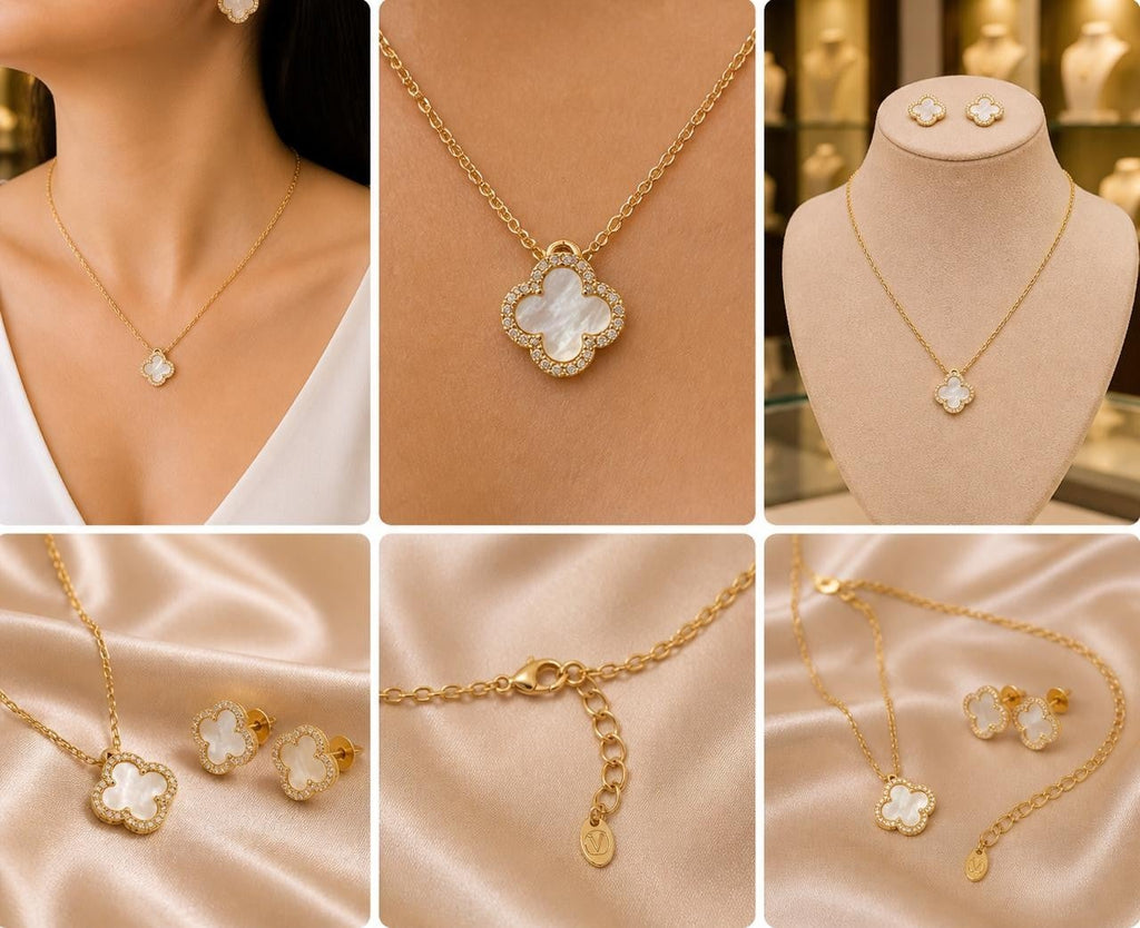 Mother-of-Pearl Clover Jewelry Set – Gold Plated — original product photo 6