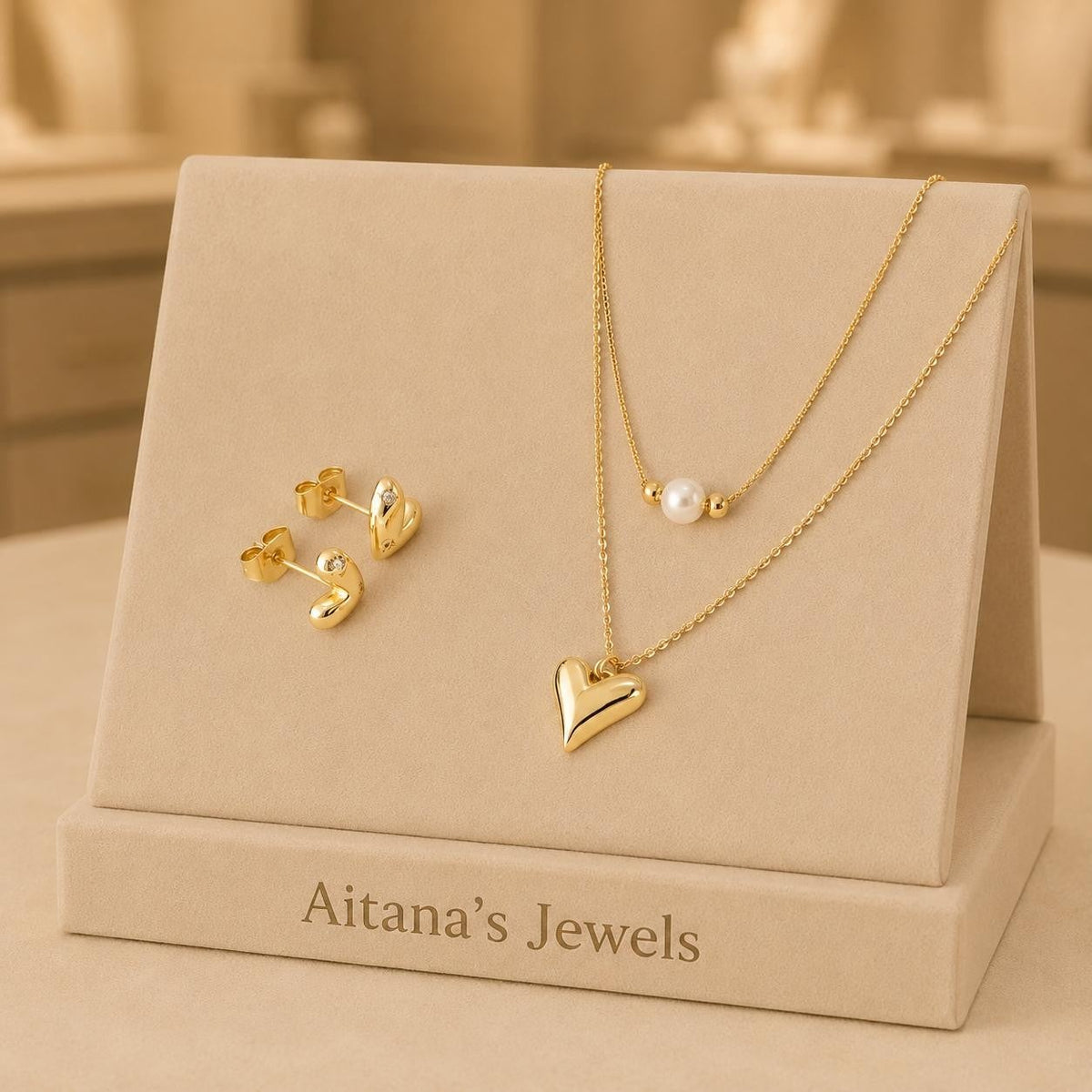 Puffy Heart & Pearl Jewelry Set – Gold Plated — original product photo 1