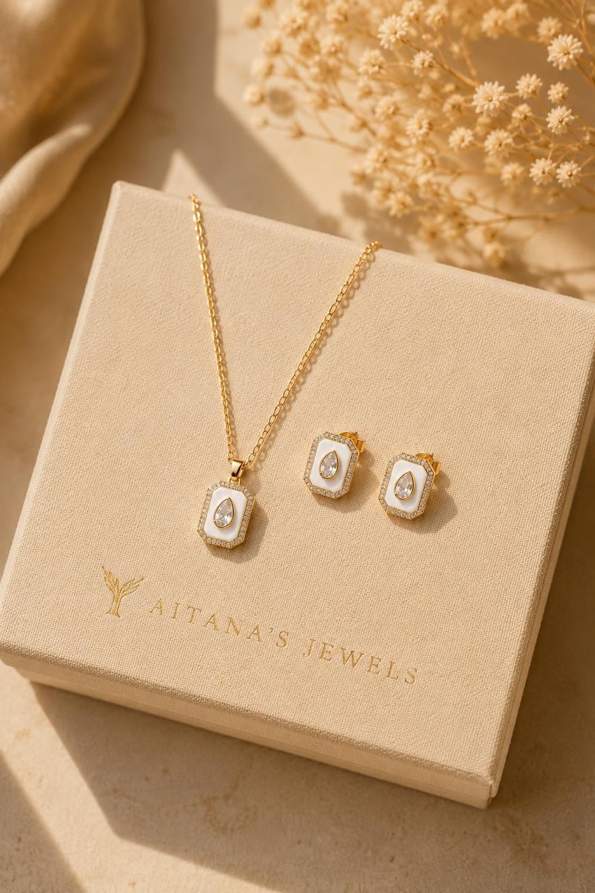 White Enamel Hexagon Crystal Jewelry Set – Gold Plated — original product photo 1