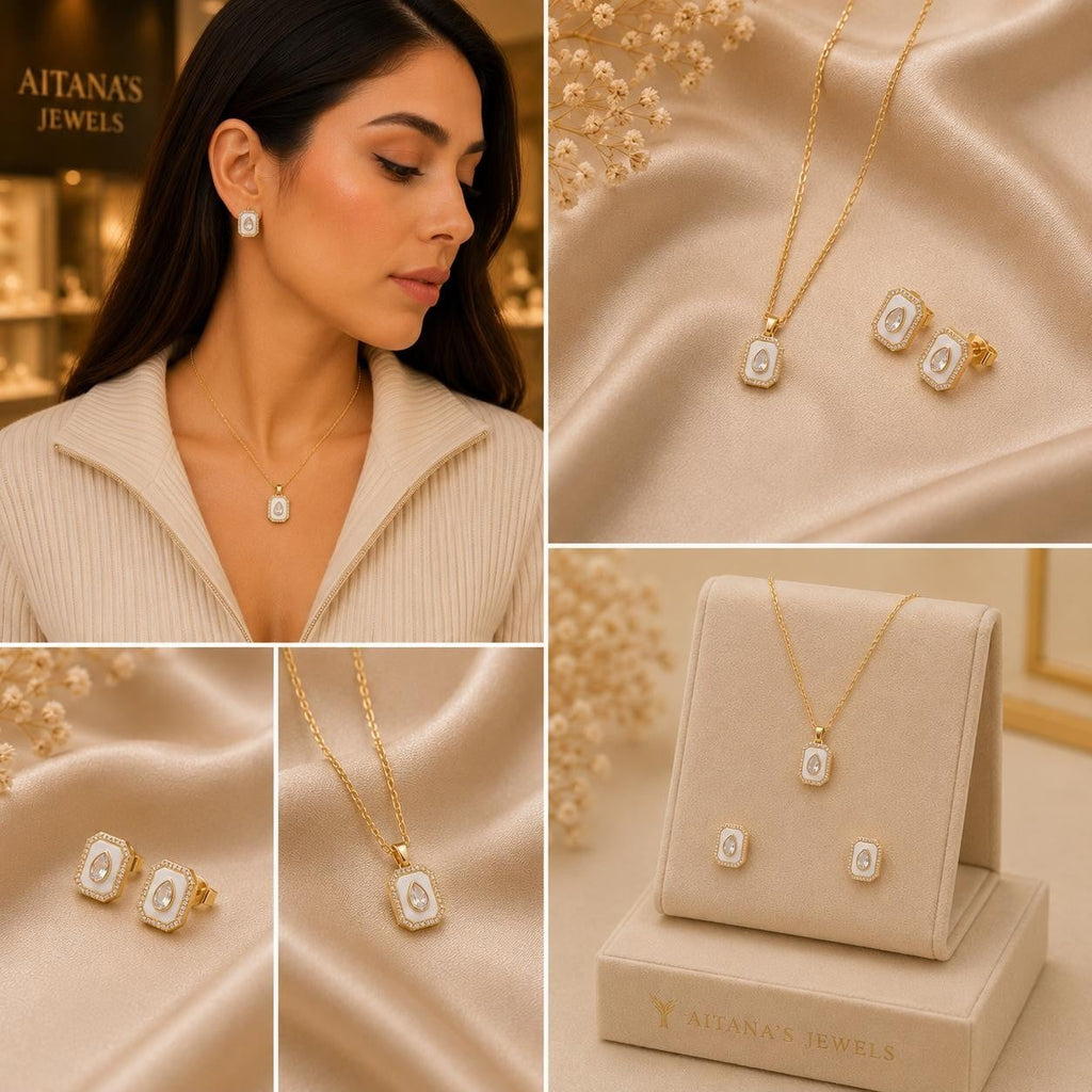 White Enamel Hexagon Crystal Jewelry Set – Gold Plated — original product photo 2