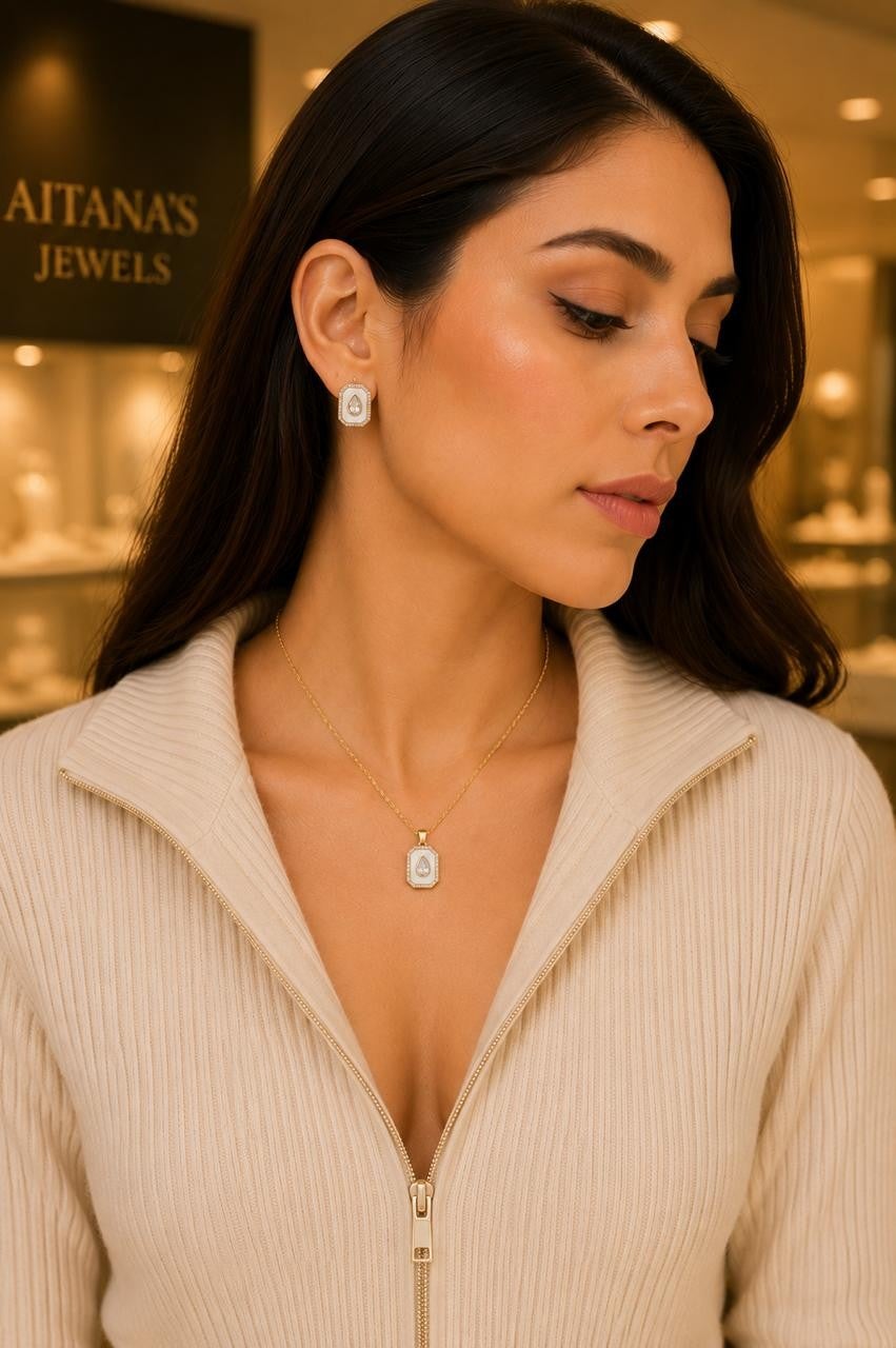 White Enamel Hexagon Crystal Jewelry Set – Gold Plated — original product photo 3