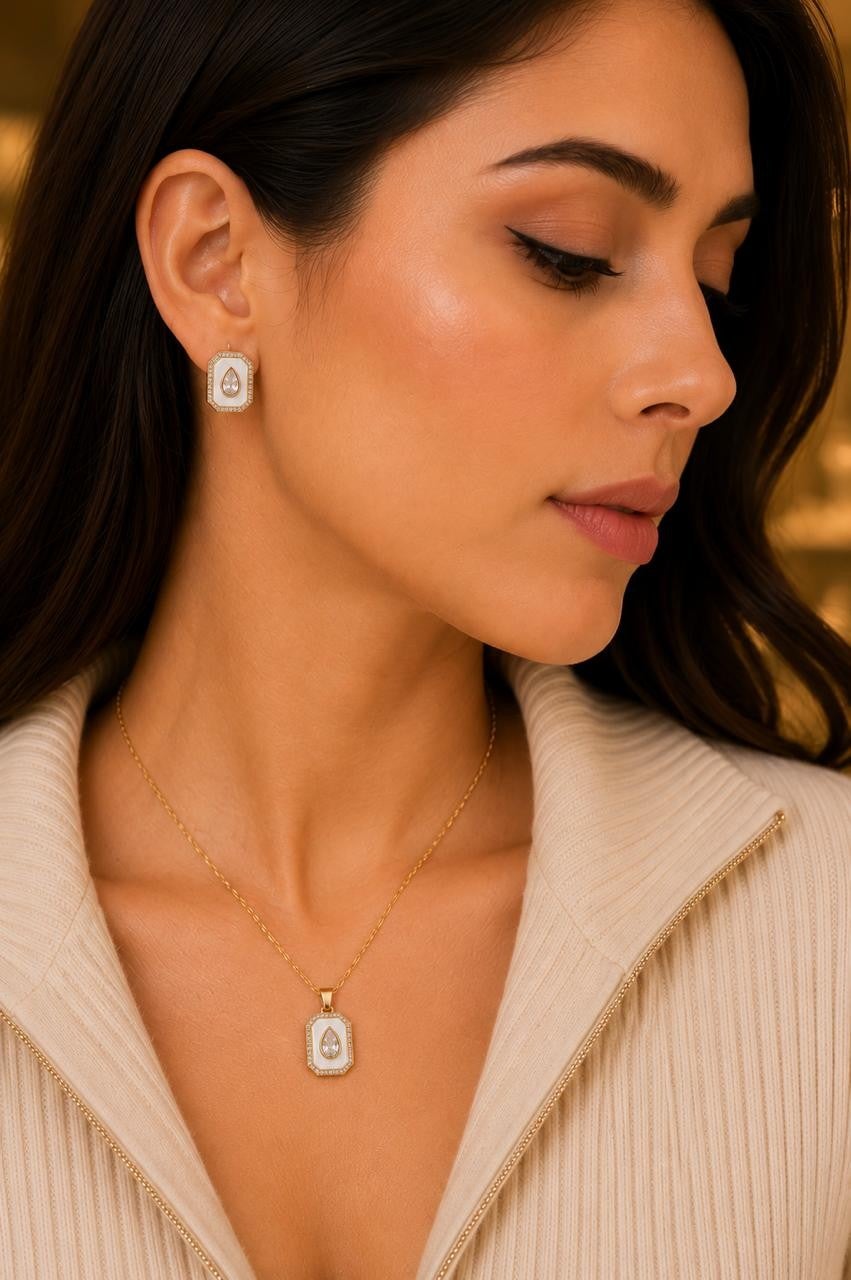 White Enamel Hexagon Crystal Jewelry Set – Gold Plated — original product photo 4