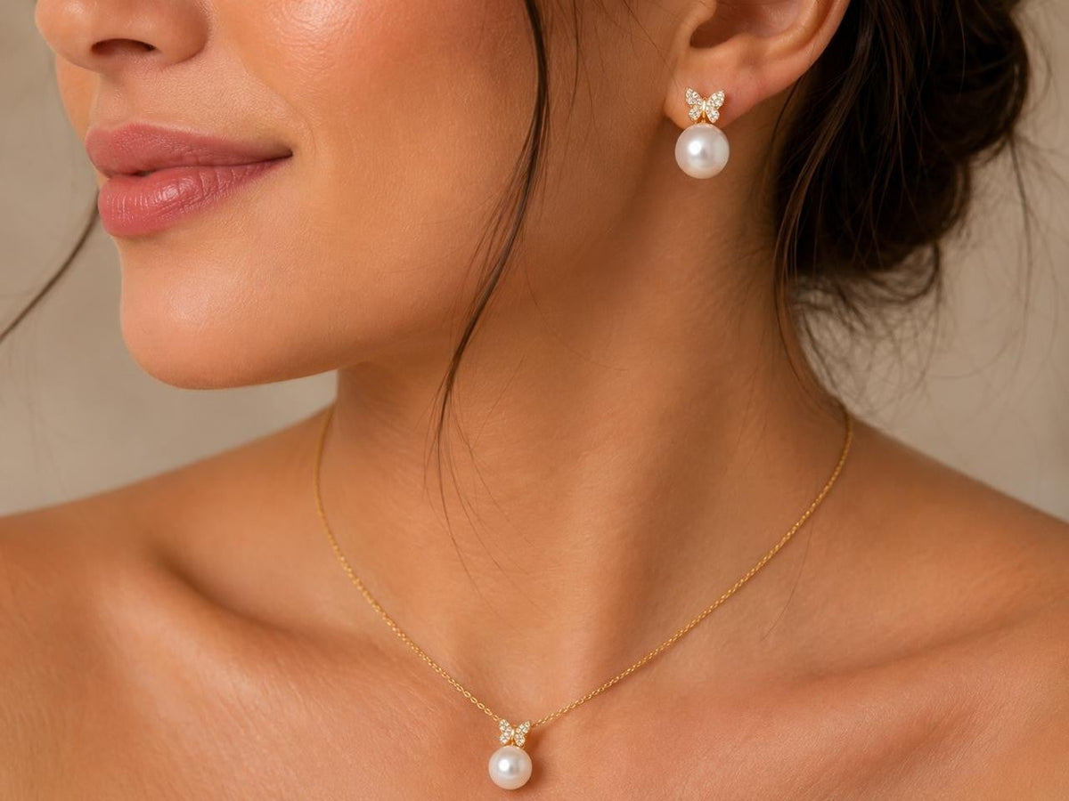 Pearl & Sparkling Bow Jewelry Set – Gold Plated — original product photo 1
