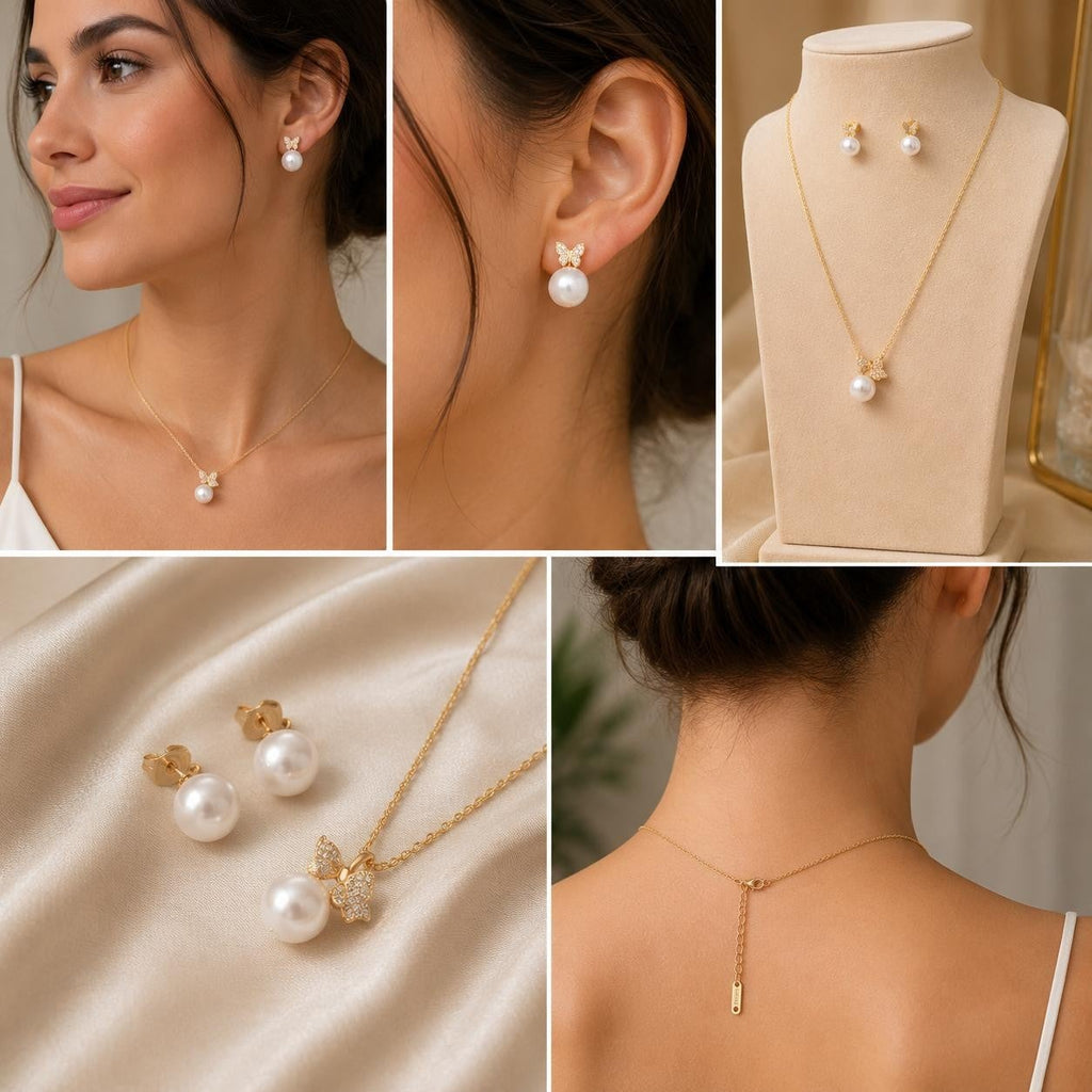 Pearl & Sparkling Bow Jewelry Set – Gold Plated — original product photo 2