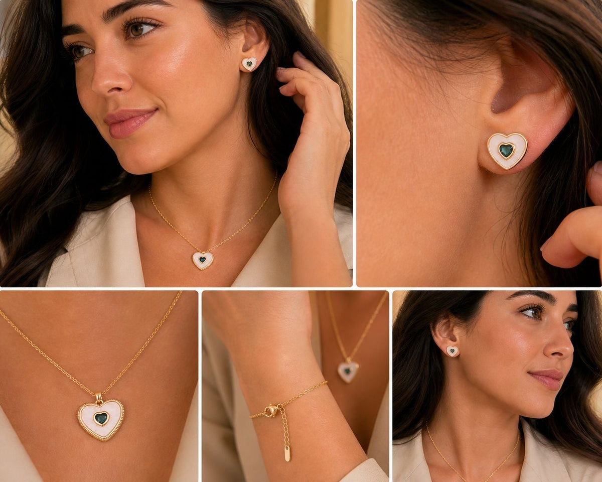 Enamel Heart & Green Accent Jewelry Set – Gold Plated — original product photo 3