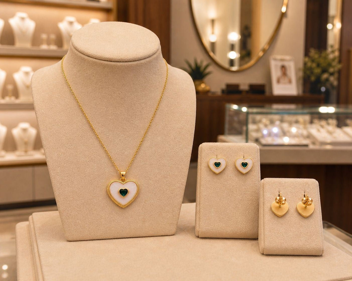 Enamel Heart & Green Accent Jewelry Set – Gold Plated — original product photo 4