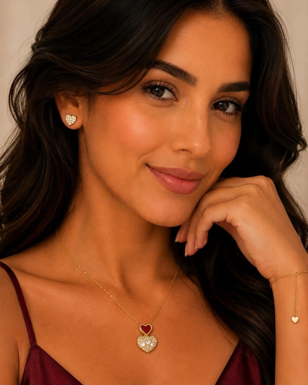 Red Enamel Heart Sparkle Jewelry Set – Gold Plated — original product photo 2