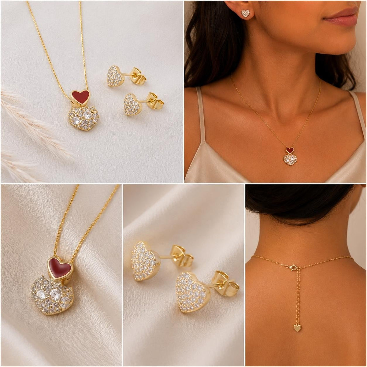 Red Enamel Heart Sparkle Jewelry Set – Gold Plated — original product photo 3