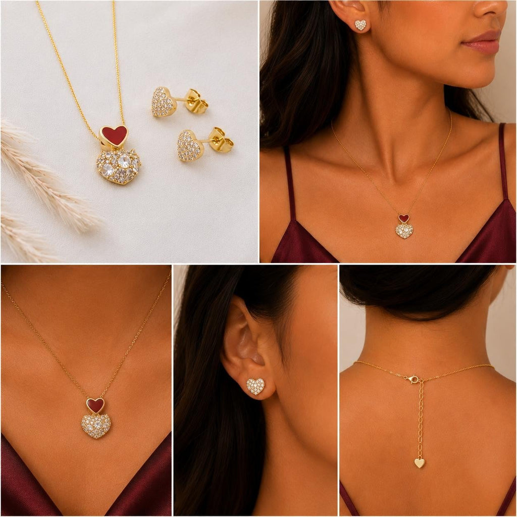 Red Enamel Heart Sparkle Jewelry Set – Gold Plated — original product photo 6