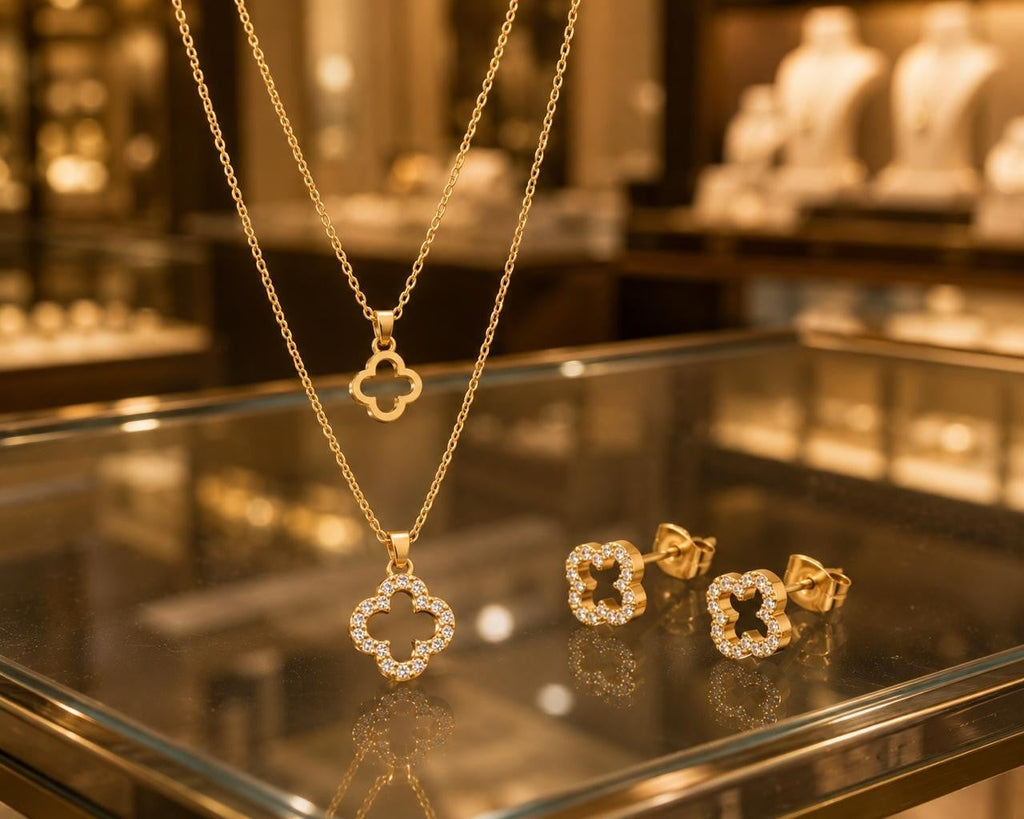 Crystal Outline Clover Jewelry Set – Gold Plated — original product photo 3