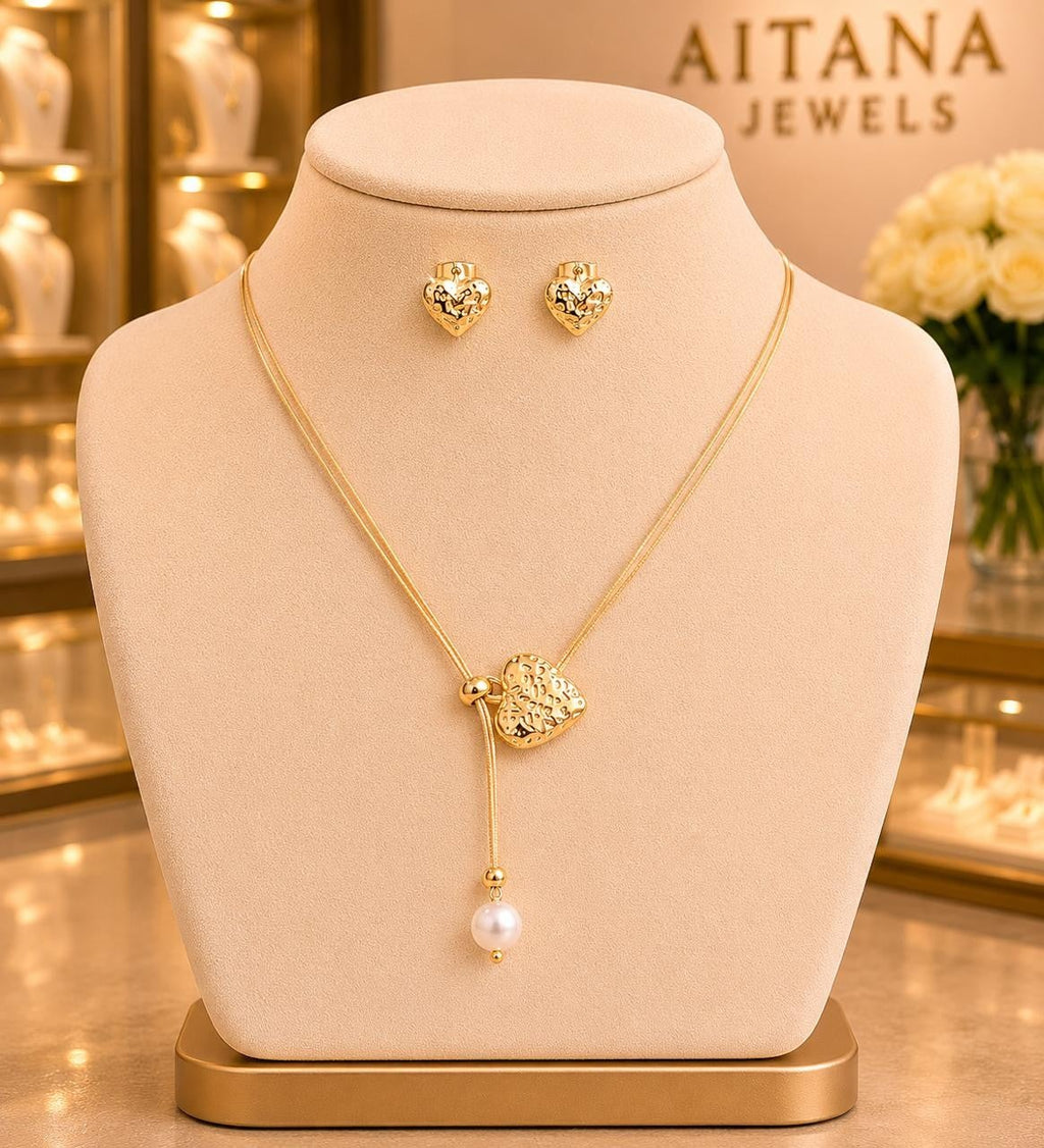 Textured Heart & Pearl Drop Jewelry Set – Gold Plated — original product photo 2