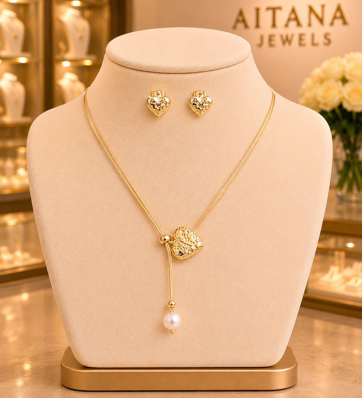 Textured Heart & Pearl Drop Jewelry Set – Gold Plated — original product photo 2