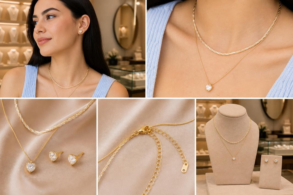 Layered Crystal Heart Necklace Set – Gold Plated — original product photo 5