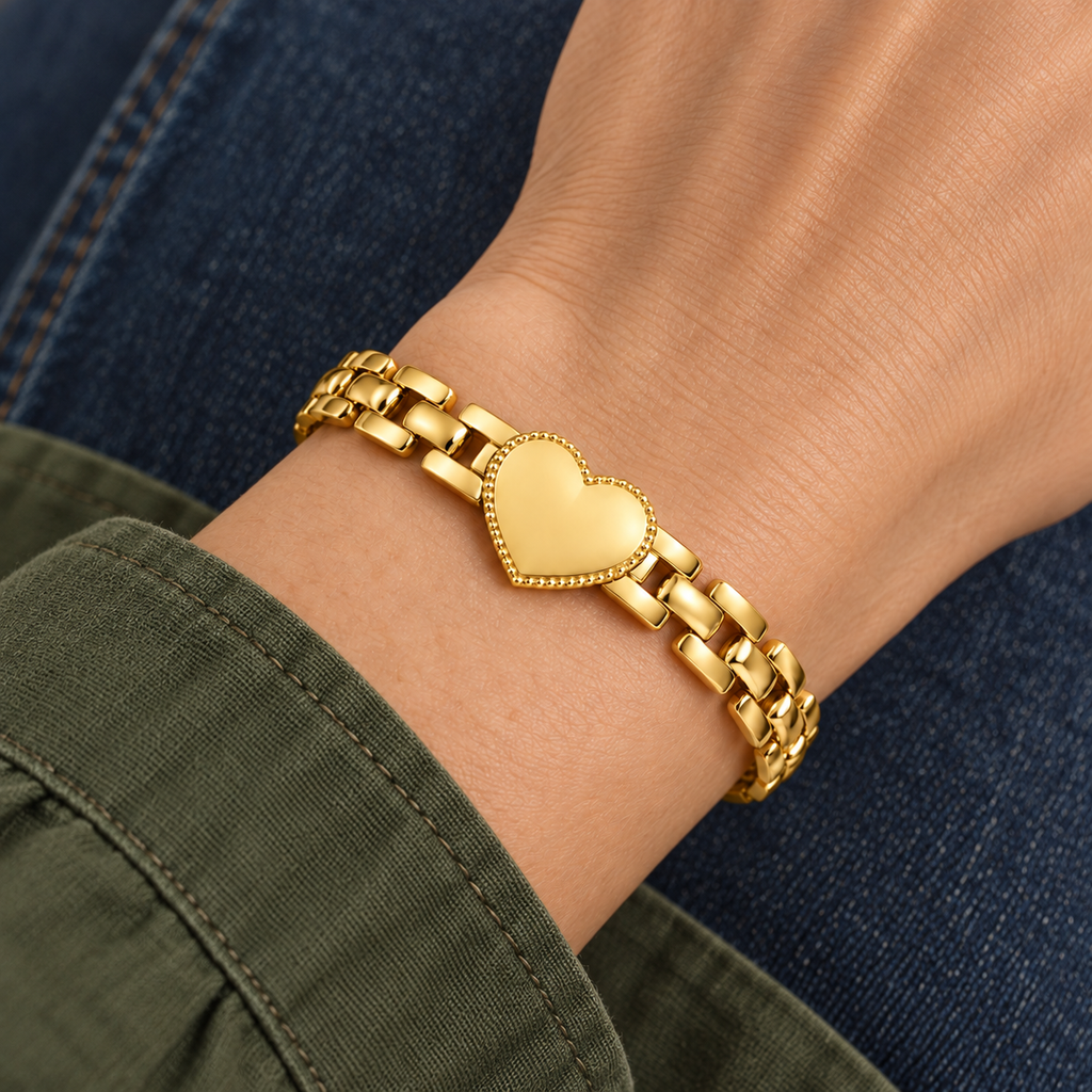 Alba Heart Bracelet worn on wrist with modern everyday clothing