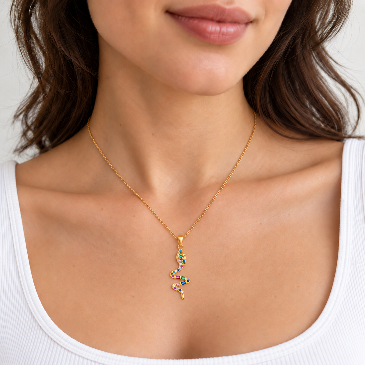 Alba Snake Necklace — try-on with refined proportions