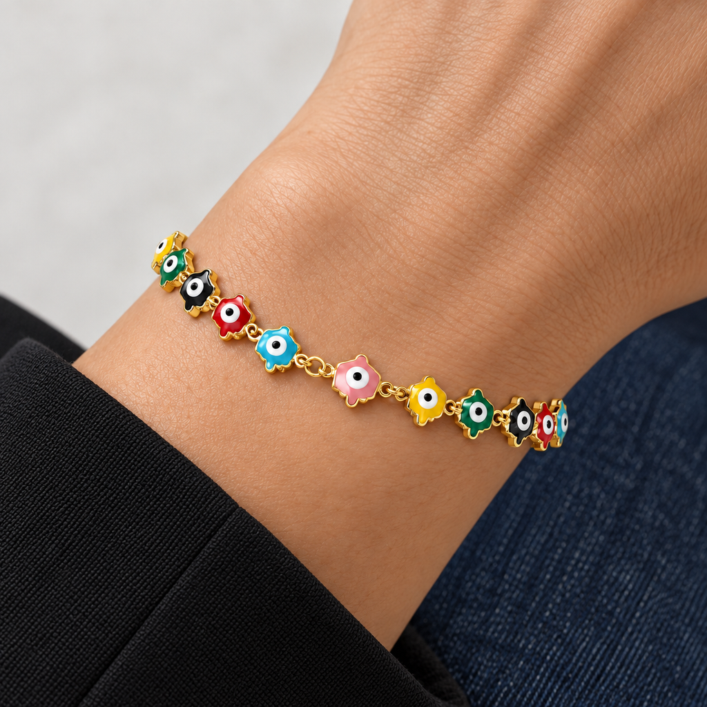 Alma Evil Eye Bracelet worn on wrist with modern everyday clothing