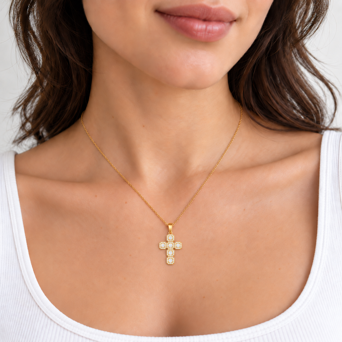 Alma Cross Necklace — try-on with refined proportions