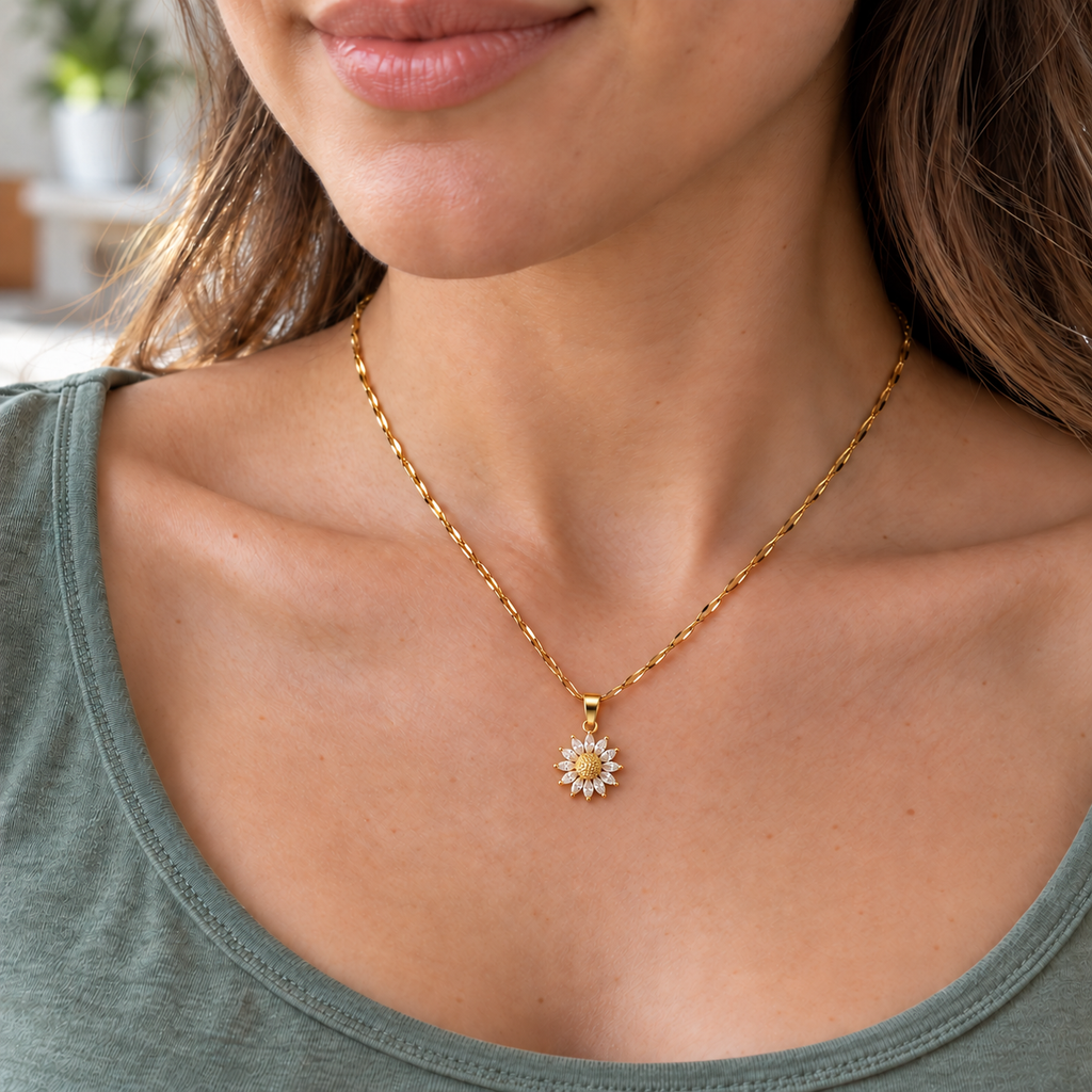 Amara Floral Necklace worn — sunflower pendant shown at a proportion based on the 16 mm product reference
