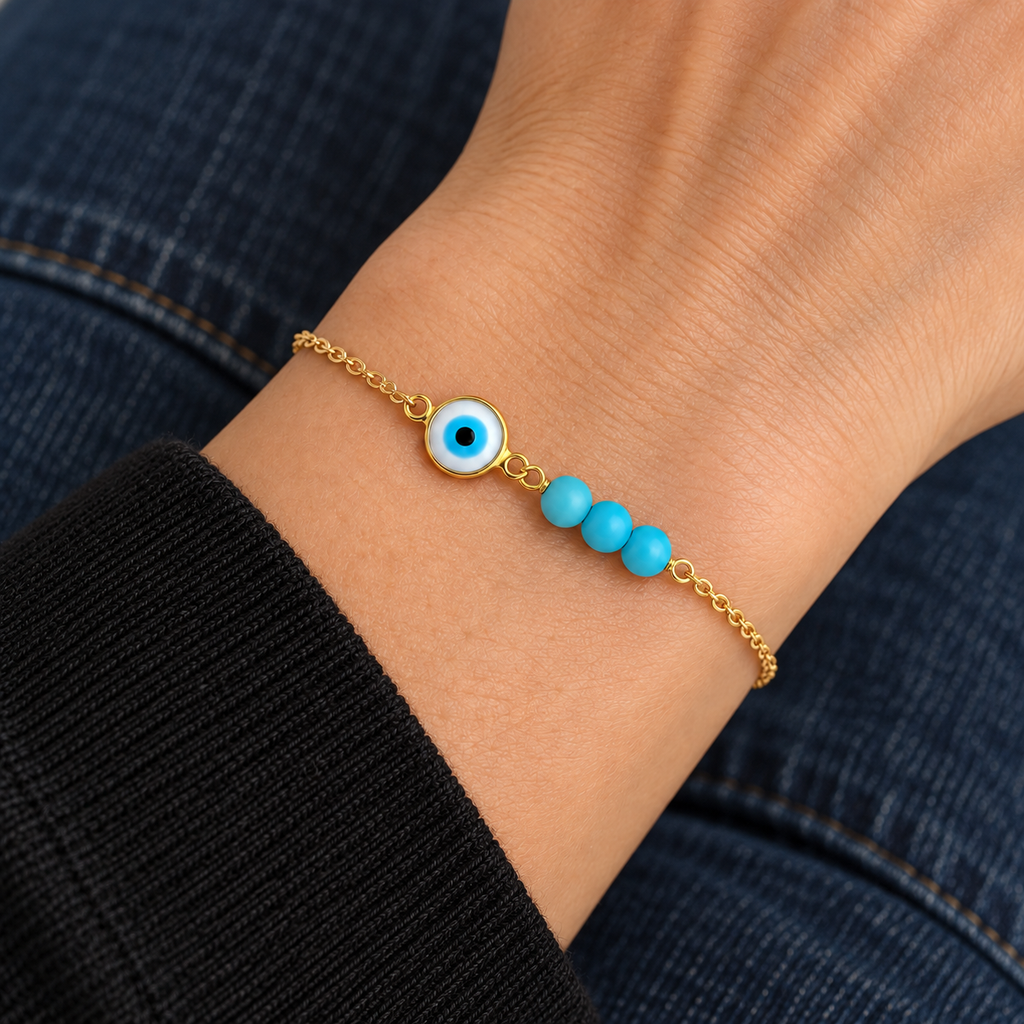 Aria Evil Eye Bracelet worn on wrist with modern everyday clothing