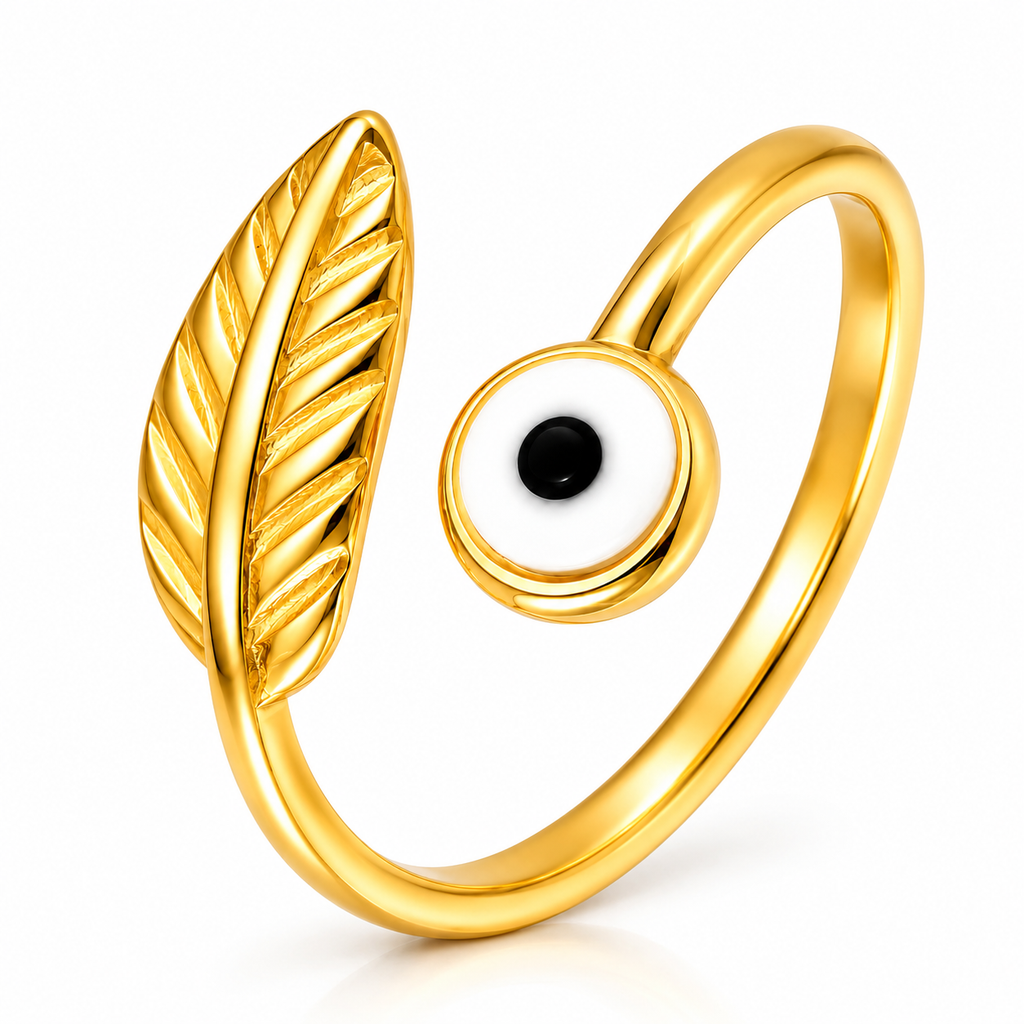 Arielle Evil Eye Ring close-up with correct leaf orientation