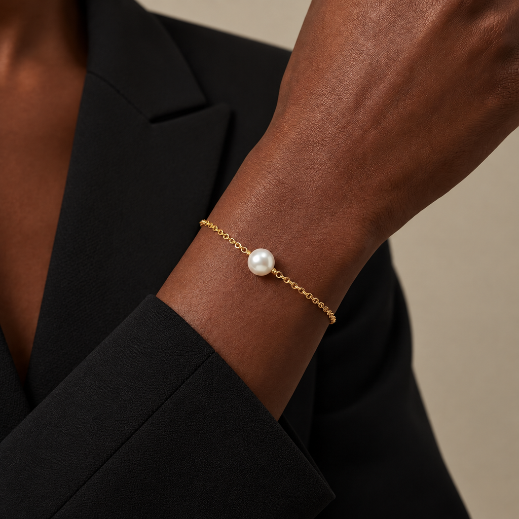 Aurelia Bracelet worn on wrist with contemporary black tailoring styling