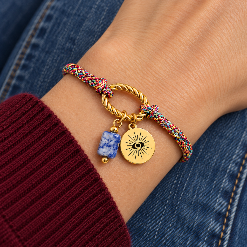 Aurora Evil Eye Bracelet worn on wrist with modern everyday clothing