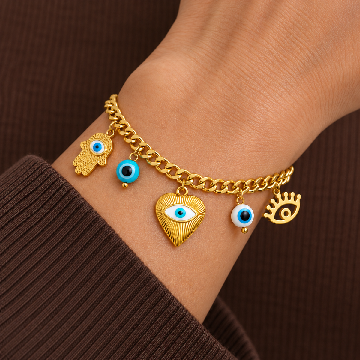 Ayla Evil Eye Bracelet worn on wrist with modern everyday clothing