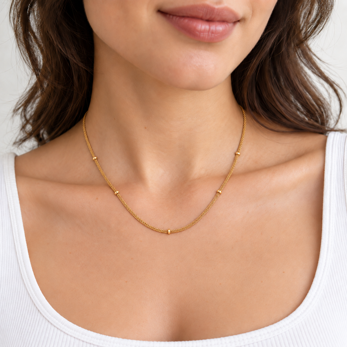 Ayla Necklace — try-on with refined proportions