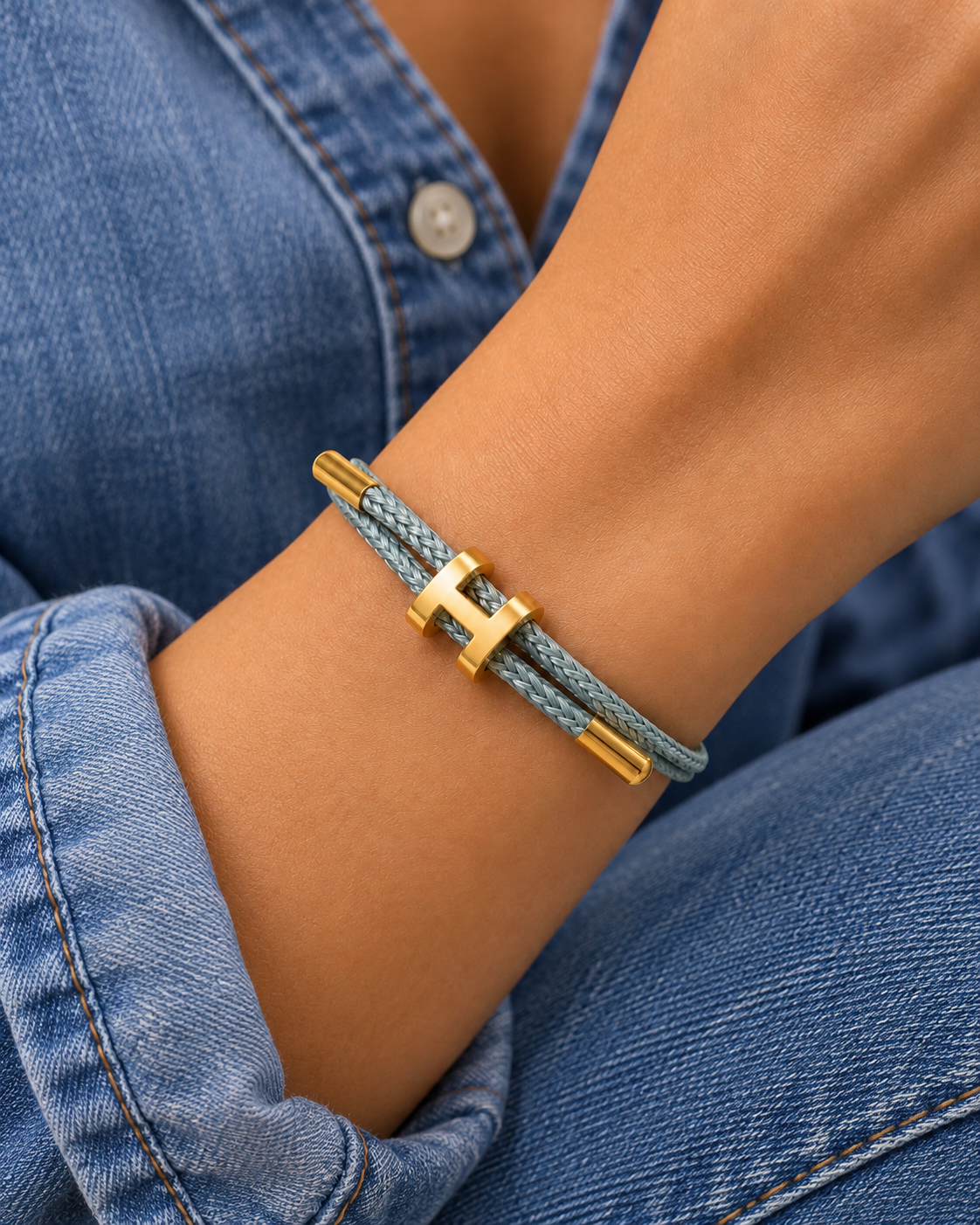 Bar & Nail Cord Bracelet worn with casual everyday clothing