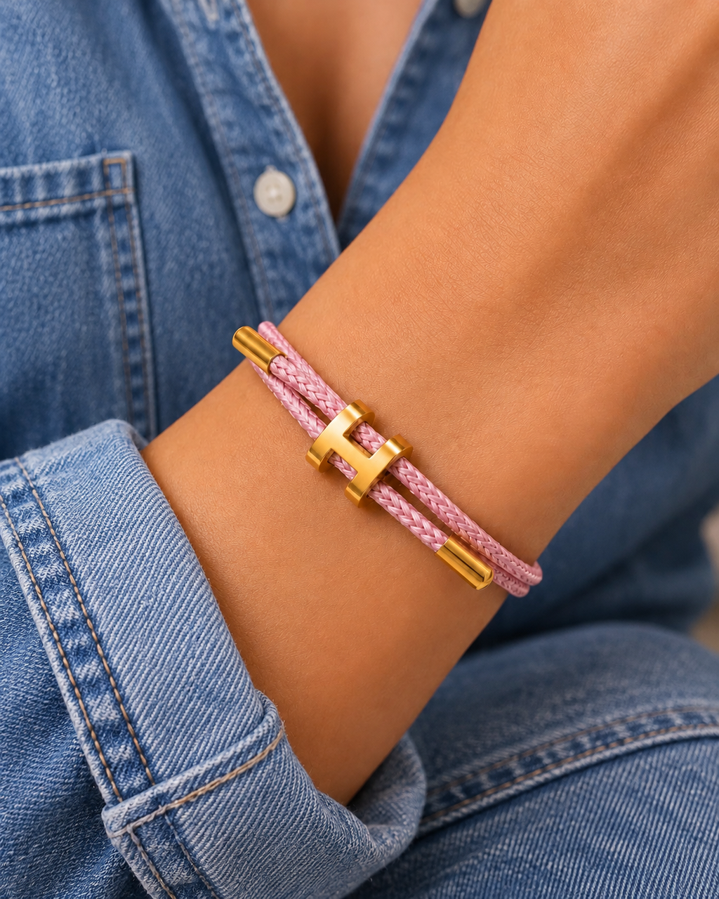 Bar & Nail Cord Bracelet worn with casual everyday clothing