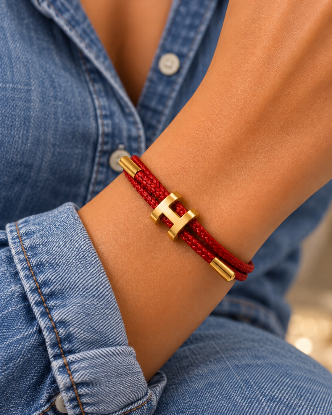 Bar & Nail Cord Bracelet worn with casual everyday clothing