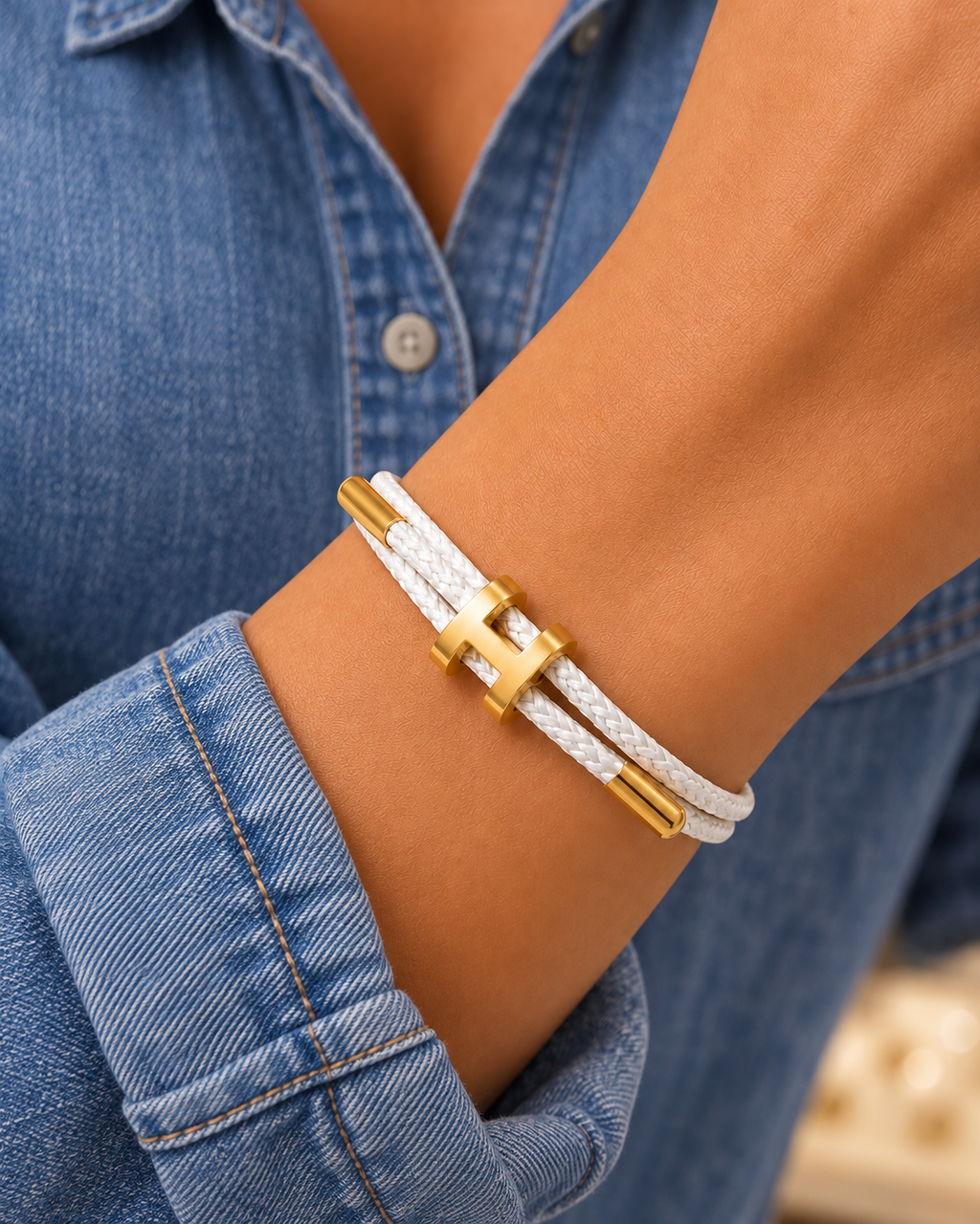 Bar & Nail Cord Bracelet worn with casual everyday clothing