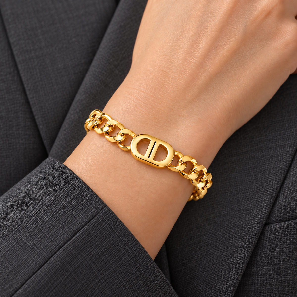 Belle Bracelet worn on wrist with modern everyday clothing