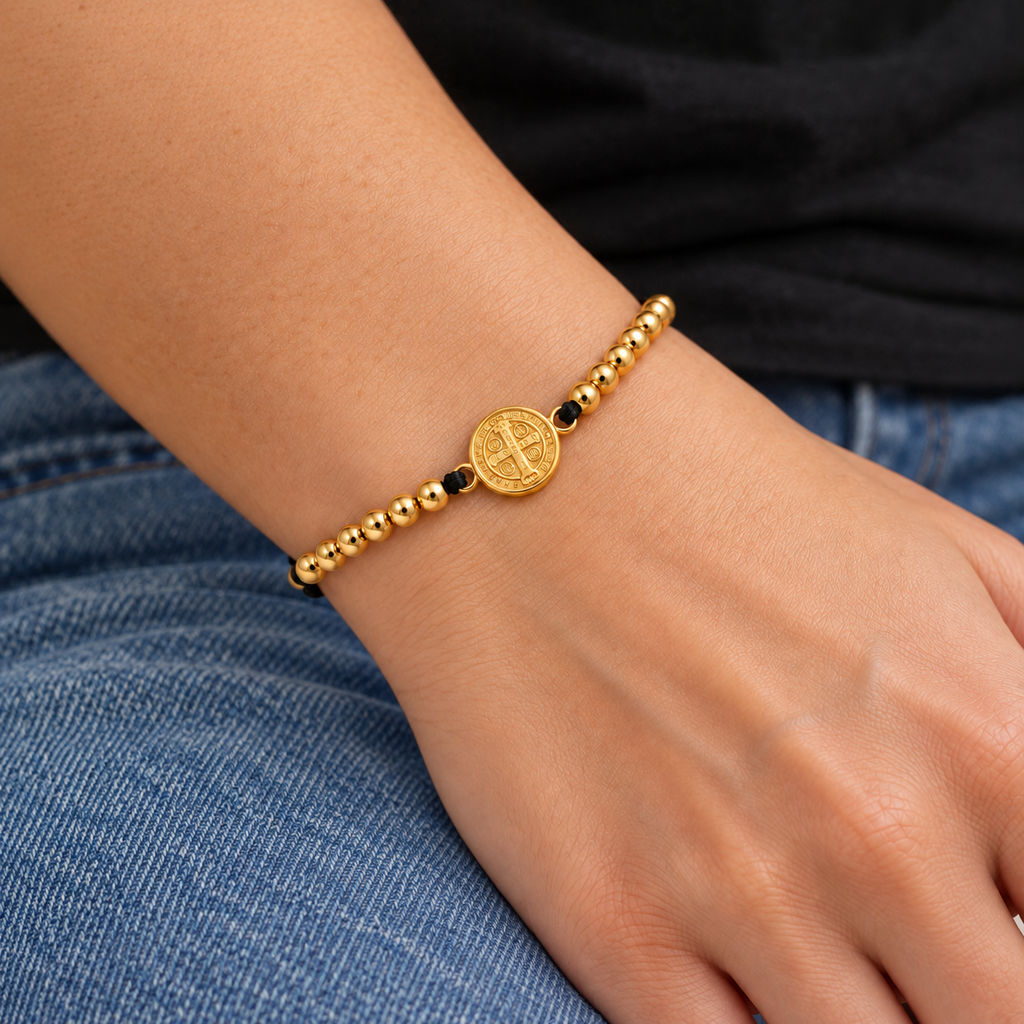 Black Saint Benedict Cord Bracelet worn with casual everyday clothing
