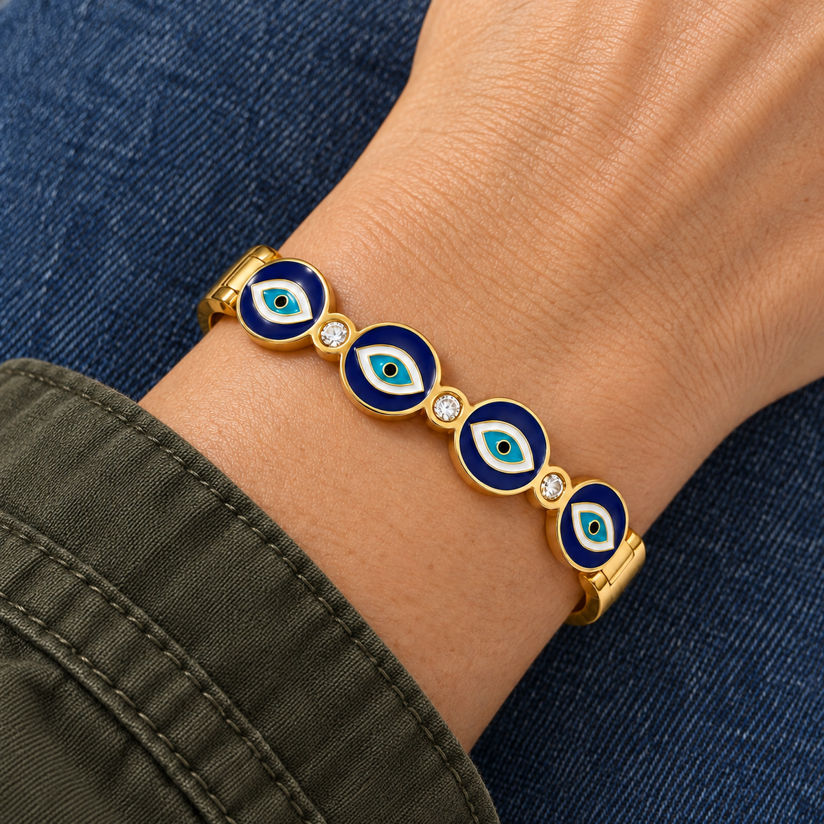 Camille Evil Eye Bracelet worn on wrist with modern everyday clothing
