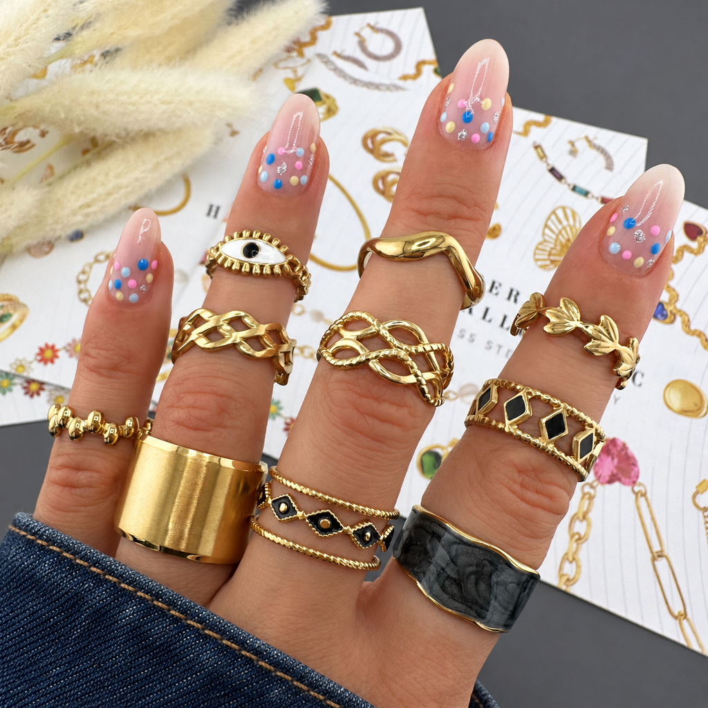 Estelle Evil Eye Ring — try-on with modern dark clothing
